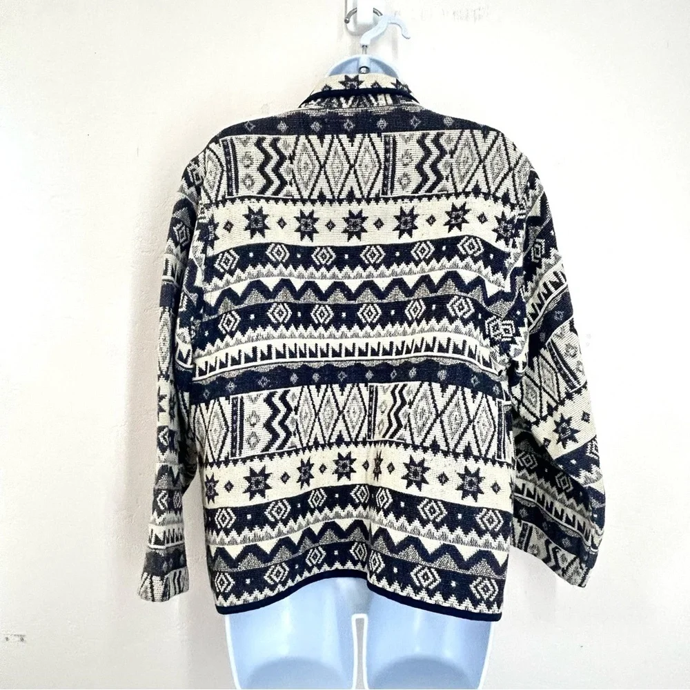 Jane Ashley Tapestry Jacket size M Button Front Aztec Southwestern Navy White